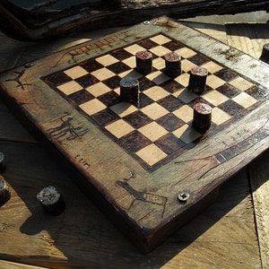 Checkers Boardgame - Handmade Vintage Wooden Draughts Table Game, Ancient Scandinavian Mythology Art, Unique Playing Gift 21 x 21 cm
