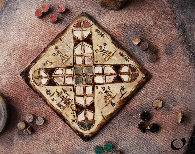 Patolli Small Handmade Board Game, Ancient Mayan Miniature Portable Table Game 2-4 Players, Antique Mesoamerican Pyrography Art 20 X 20 cm image 9