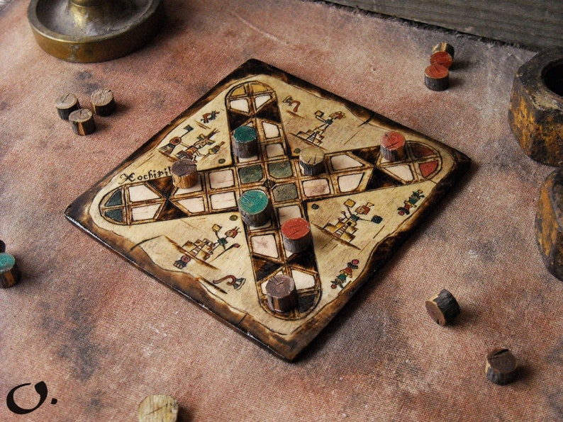 Patolli Small Handmade Board Game, Ancient Mayan Miniature Portable Table Game 2-4 Players, Antique Mesoamerican Pyrography Art 20 X 20 cm image 4