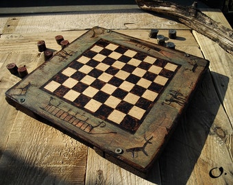 Handmade Rustic Checkers Boardgame - Vintage Wooden Draughts Tablegame, Ancient Scandinavian Mythology Motif, Unique Looking Gaming Gift