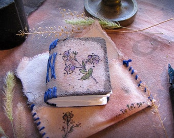 Miniature Blue Cloth Journal 'To Let Go', Uniquely Small Handmade Book with Floral Illustrated Covers, Little Recycled Artist's Pocket Diary