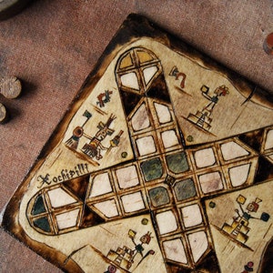 Patolli - Juego de mesa pequeño hecho a mano, miniatura maya portátil para 2-4 jugadores, arte pirograbado mesoamericano antiguo, 20 x 20 cm