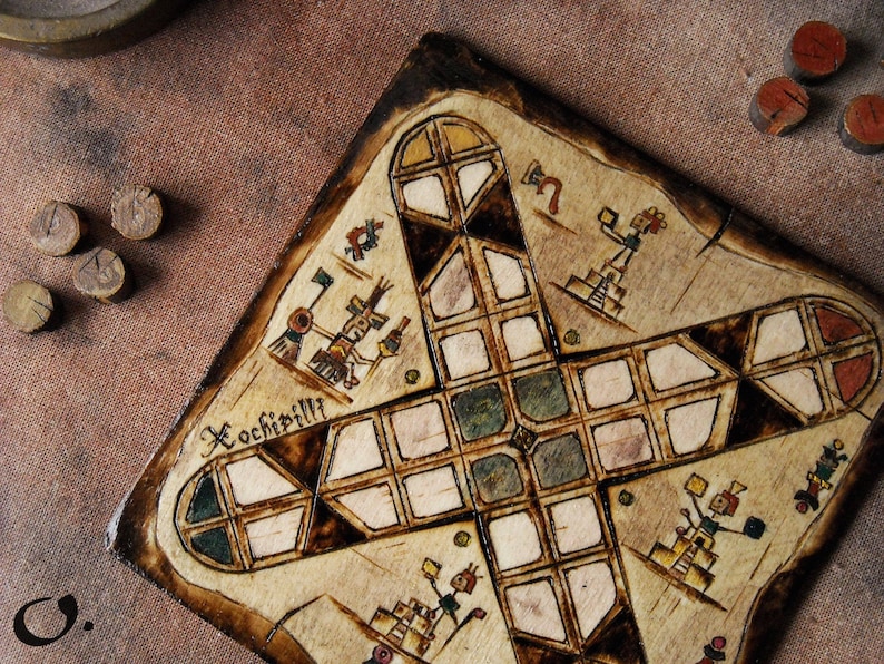 Patolli Small Handmade Board Game, Ancient Mayan Miniature Portable Table Game 2-4 Players, Antique Mesoamerican Pyrography Art 20 X 20 cm image 2