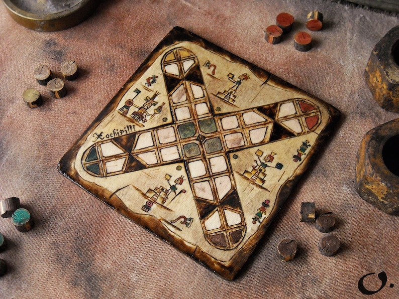Patolli Small Handmade Board Game, Ancient Mayan Miniature Portable Table Game 2-4 Players, Antique Mesoamerican Pyrography Art 20 X 20 cm image 1