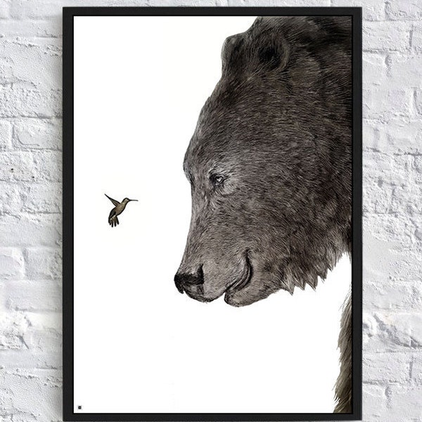 Bear and hummingbird pencil drawing Print. Print from original drawing, Black and white Bear and bird, highly detailed animal drawing