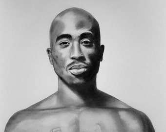 Original pencil drawing A2, 2pac portrait, Realistic pencil and charcoal drawing, Drawing of rap legend