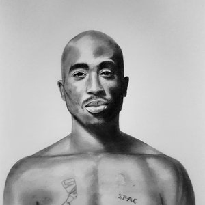 Original pencil drawing A2, 2pac portrait, Realistic pencil and charcoal drawing, Drawing of rap legend