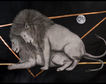 Löwenstolz. Bleistift Zeichnung Druck, Original Zeichnung, zwei sich paarende Löwen, detailiert gezeichnet