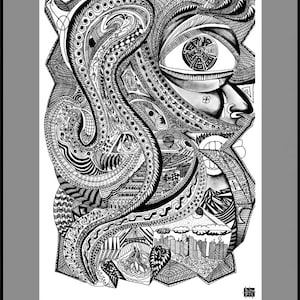 Detailed Abstract Face Drawing Print, Intricate Portrait of Man, Black and White, Pen and ink Artwork, Doodle Face