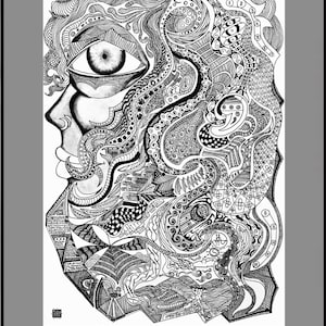 Detailed Abstract Face Drawing Print, Intricate Portrait of Woman, Black and White, Pen and ink Artwork, Doodle Face