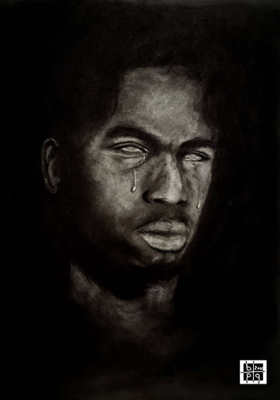 images Pencil Man Crying Drawing portrait of blind man in darkness 2x3 print of original charcoal drawing dark portrait of crying man