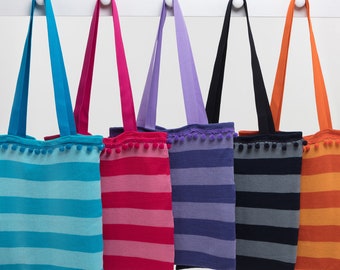 Deckchair Striped Knitted Cotton Beach Bags, Striped Tote Bag, Pompom trim bag