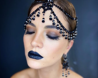 Black crystal head piece, Gothic headpiece, Fashion statement headpiece, exclusive hair jewelry Hair beads accessories, Black Head chain