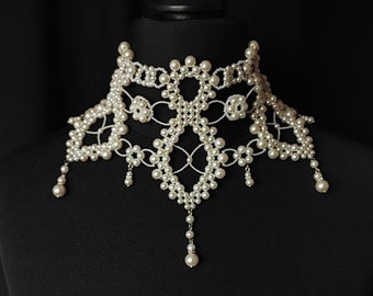 Pearl Statement Choker, Pageant Necklace, Pearl Lace Choker, Luxury Choker,  Vintage Diamond Choker, Party Choker, Bridal Choker
