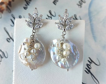 Baroque Pearl Earrings, Large pearl earrings, Big Pearl Earrings, Real pearl earrings, Iridescent White Pearl, coin pearl earrings