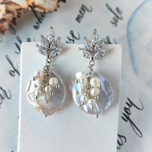 Baroque Pearl Earrings, Large pearl earrings, Big Pearl Earrings, Real pearl earrings, Iridescent White Pearl, coin pearl earrings