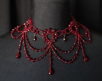 Dark Red Bib necklace, Garnet Statement necklace, Festoon necklace,Victorian Gothic Ruby necklace, Edwardian necklace, Empire style necklace