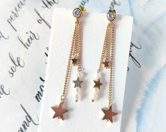 Gold Dangle Earrings, Star Earrings, Celestial Earrings, Gold Star Earrings Dangle, Long Earrings with Stars, Pearl and Earrings Earrings