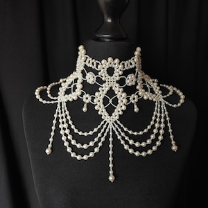 Pearl Wedding Necklace, Bridal Statement Choker, Victorian jewelry, Neck Corset Collar, Vintage Necklace