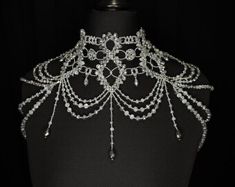 Silver Bridal Statement Necklace, Wedding Shoulder Jewelry, Silver Statement Necklace, Dress Jewelry