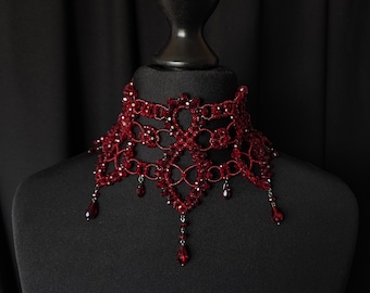Dark Red Choker, Ruby Gothic Necklace, Garnet Wide Necklace, Burgundy jewelry, Victorian Wedding, Goth Bridal Necklace, Medieval Renaissance