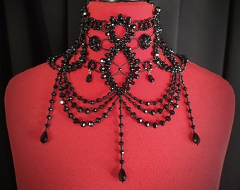Collar de hombro con cuello, gargantilla gótica con declaración, corsé de cuello, collar negro, gargantilla victoriana para mujer, corsé de cuello de encaje, gargantilla gótica con cuentas