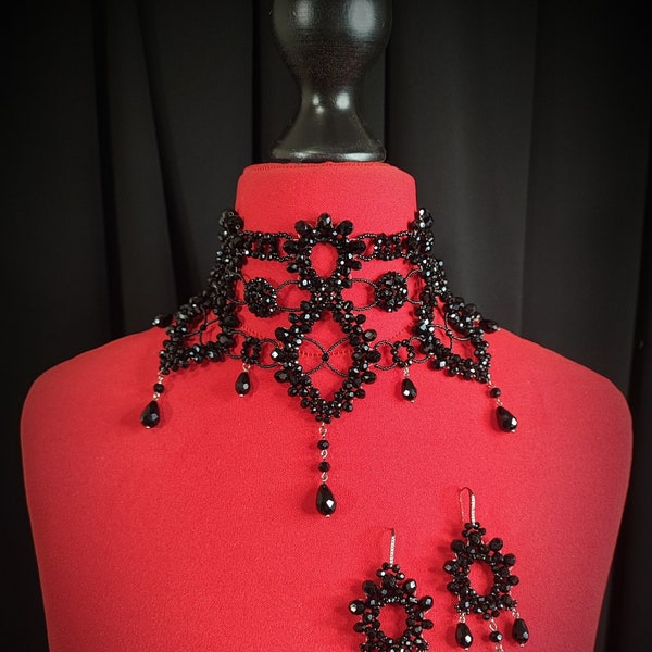 Black Luxury Crystal Choker, Black Prom Choker, Retro Necklace, Gothic Bridal Choker, Pageant Choker, Vintage Choker