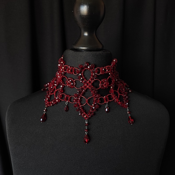 Dark Red Choker, Ruby Gothic Necklace, Garnet  Filigree Necklace, Victorian Wedding, Goth Bridal Necklace, Medieval Renaissance