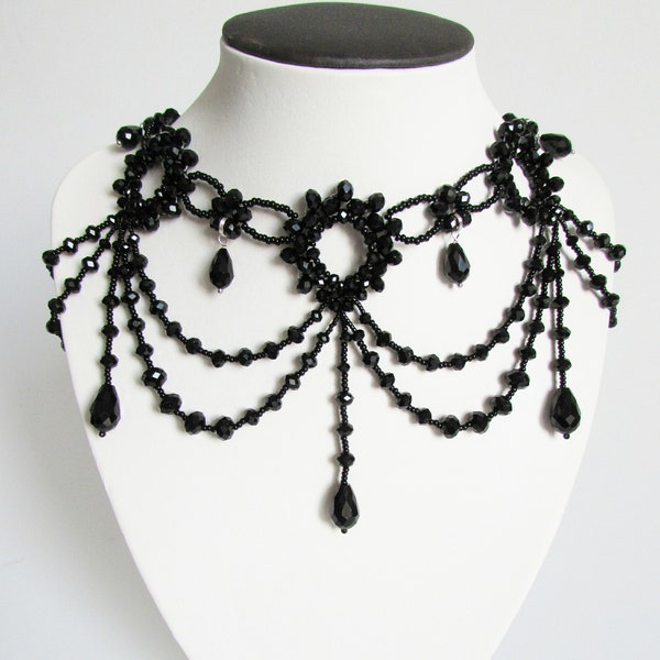 Total Black Bib necklace, Black Statement necklace, Victorian Gothic Black necklace, Edwardian necklace, Empire style necklace