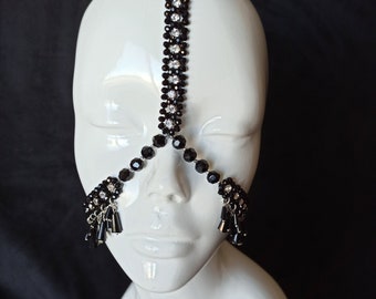 Rhinestone Face Mask,  Black Face Veil, Face Chain, Head Chain Headpiece, Face Mask, Festival Bellydance Jewelry, Mask Chain