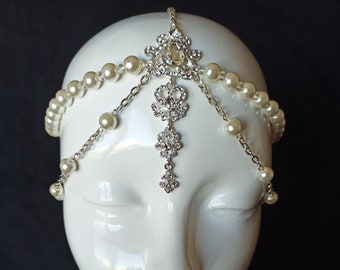 Pearl Hair Chain, Art Deco Headpiece, Boho Bridal Head Chain, Kundan Maang Tikka, Elegant Head Jewelry Gatsby-inspired Headpiece