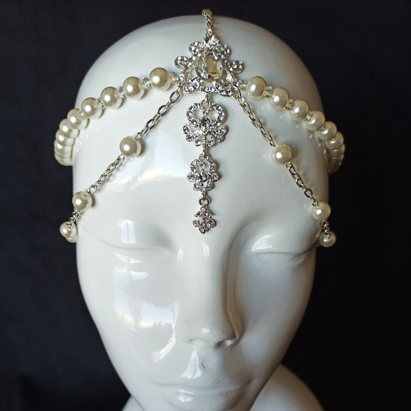 Pearl Hair Chain, Art Deco Headpiece, Boho Bridal Head Chain, Kundan Maang Tikka, Elegant Head Jewelry Gatsby-inspired Headpiece