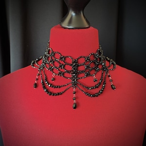 Multi Strand Crystal Black Choker, Wedding Black Necklace, Victorian Bridal Choker, Vintage Bridal Necklace