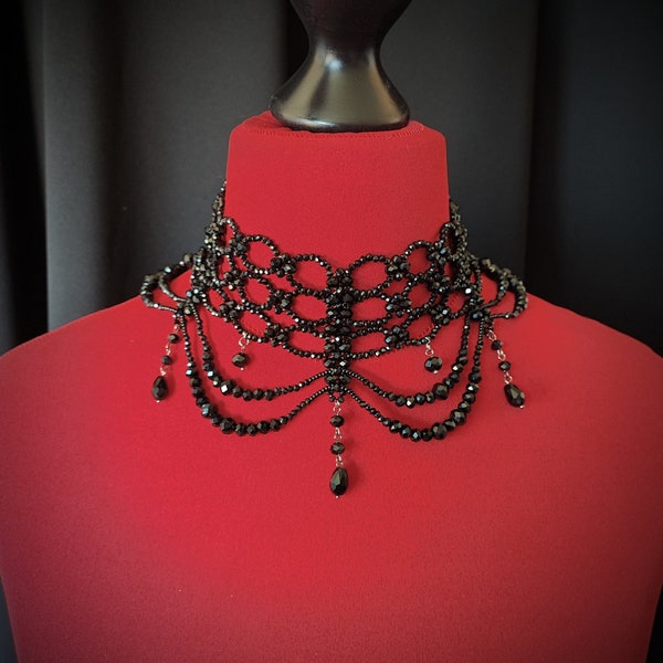 Multi Strand Crystal Black Choker, Wedding Black Necklace, Victorian Bridal Choker, Vintage Bridal Necklace