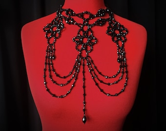 Crystal Body Necklace, Gothic Statement Neck corset, Body jewelry, Black Necklace, Victorian Lace Neck Corset Gothic Choker Beaded