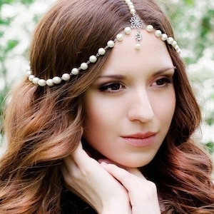 Head Jewelry, Pearl Matha Patti, Wedding Bridal Goddess Bohemian Boho Grecian Head Chain Hair Jewelry Head Piece Bollywood Wedding