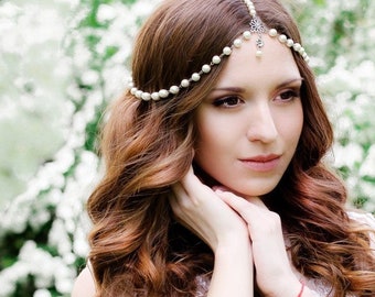 Joyas para la cabeza, perla Matha Patti, diosa nupcial de la boda Boho Boho Grecian Head Chain Hair Jewelry Head Piece Bollywood Wedding