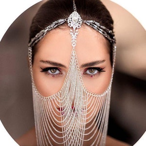 Silver Head Piece, Chain Face Mask, face chain headpiece, face chain veil, bellydance mask, veil face chain, gothic veil