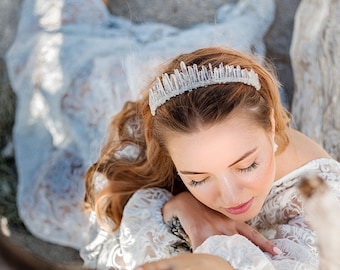 Wedding crystal crown, Bridal silver tiara, boho Clear Quartz Crystal Crown Bridal Crown,Wedding Headpiece,Crystal Tiara,Wedding Crown