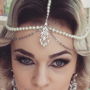 Great Gatsby headpiece, Bridal head chain, Silver Gold Kundan Pearl Matha Patti Wedding hair chain Maang Tikka headpiece Head jewelry Indian
