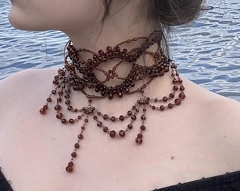 Smoked Topaz Beaded Choker Necklace, Handmade Gothic Victorian Statement Jewelry, Elegant Lace Choker, Bridal Evening Necklace Gift for Wome