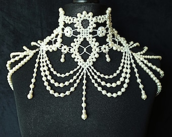 Pearl Shoulder Necklace, Bridal Body Jewelry, Statement Neckpiece, Neck Corset Collar, Victorian Inspired Necklace, Body Chain Jewelry