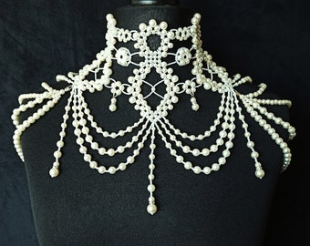 Pearl Shoulder Necklace, Bridal Body Jewelry, Statement Neckpiece, Neck Corset Collar, Victorian Inspired Necklace, Body Chain Jewelry