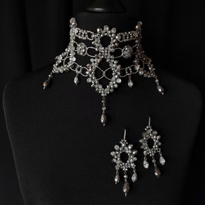 Silver Statement Choker, Pageant Necklace, Silver Lace Choker, Luxury Choker, Vintage Diamond Choker, Party Choker, Bridal Choker Choker+Earrings