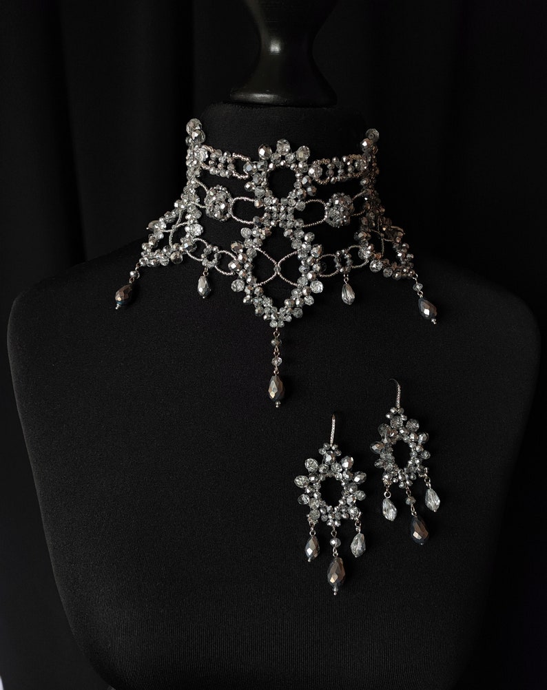 Silver Statement Choker, Pageant Necklace, Silver Lace Choker, Luxury Choker, Vintage Diamond Choker, Party Choker, Bridal Choker Choker+Earrings