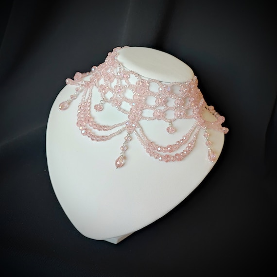 Multi Strand Crystal Rose Clear Choker, Wedding Pink Transparent
