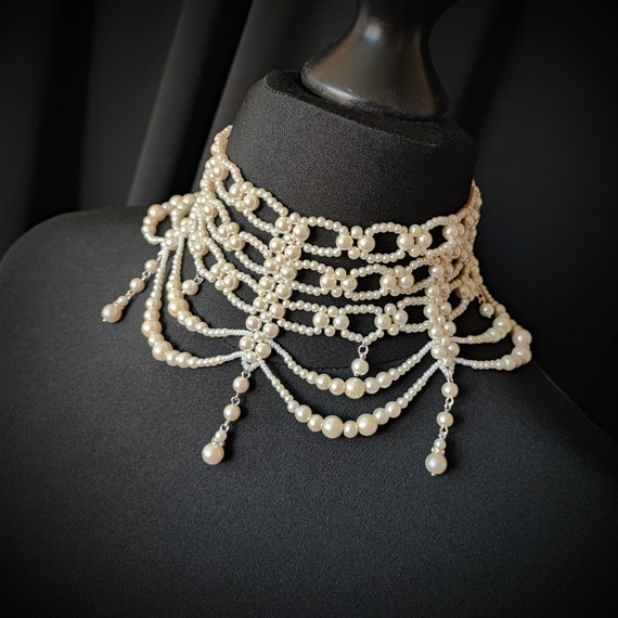 Multi Strand Pearl Choker, Wedding Pearl Necklace, Wide
