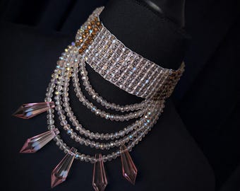 Vampire Bride Pink Necklace, Multi Strand Crystal Rose Clear Choker, Victorian Bridal Choker, Gothic Bridal Necklace
