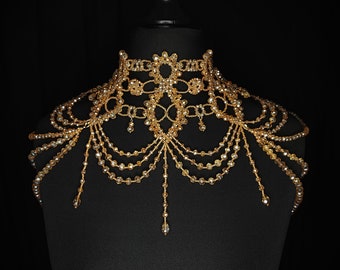 Gold Bridal Statement Necklace, Wedding Shoulder Jewelry, Crystal Gold Statement Necklace, Dress Jewelry