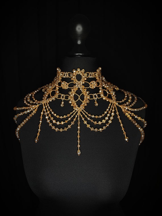 Gold Bridal Statement Necklace, Wedding Shoulder Jewelry, Crystal Gold Statement Necklace, Dress Jewelry